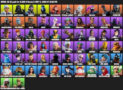 [PC/XBOX] | 62 skins | Blizzard Bomber | Darth Vader | Xander | Sultura | The Imagined | Eternal Knight | Snap | Galaxia | Fade | Predator | Full Access