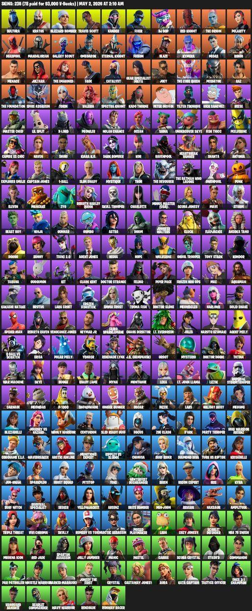 [PC/PSN/XBOX] | 235 skins | 1500 V-bucks | Leviathan Axe | Travis Scott | Lara Croft | Sultura | Kratos | Blizzard Bomber | Xander | Fixer | DJ Bop | Full Access