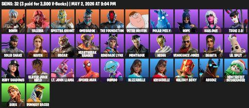 [PC/PSN/XBOX] | 32 skins | 1300 V-bucks | Ronin | Valeria | Spectra Knight | Omegarok | The Foundation | Peter Griffin | Polar Peely | Hope | Harlowe | Full Access