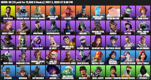 [PC/PSN/XBOX] | 50 skins | John Wick | Frozen Raven | Spectra Knight | Frozen Red Knight | Valeria | Omegarok | Frozen Love Ranger | Peter Griffin | Full Access
