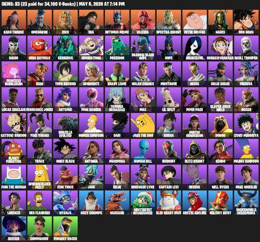 [PC] | 83 skins | Kado Thorne | Omegarok | Zeus | Era | Optimus Prime | Valeria | Spectra Knight | Peter Griffin | Hades | Son Goku | Daigo | Full Access