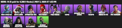 [PC/XBOX] | 14 skins | UNSC Spartan | Santa Dogg | Apprentice Evie | Yulejacket | Yuki Yubari | Caper | Wookiee Team Leader | Hairpin | Iridia Vayne | Full Access