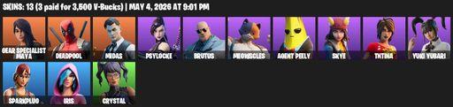[PC/XBOX] | 13 skins | 750 V-bucks | Gear Specialist Maya | Deadpool | Midas | Psylocke | Brutus | Meowscles | Agent Peely | Skye | TNTina | Full Access