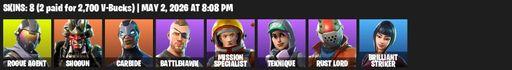 [PC/PSN/XBOX] | 8 skins | 800 V-bucks | Rogue Agent | Shogun | Carbide | Battlehawk | Mission Specialist | Teknique | Rust Lord | Brilliant Striker | Full Access