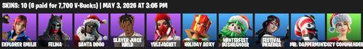 [PC/PSN/XBOX] | 10 skins | Explorer Emilie | Felina | Santa Dogg | Slayer Juice WRLD | Yulejacket | Holiday Boxy | Winterfest Bushranger | Full Access