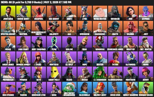 [PC/PSN/XBOX] | 60 skins | 700 V-bucks | Lara Croft | John Wick | Rogue Agent | Deadpool | Red Knight | Drift | Lynx | Peter Griffin | Enforcer | Rox | Full Access
