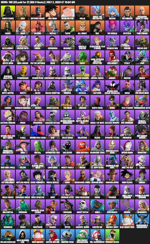 [PC/PSN/XBOX] | 158 skins | 600 V-bucks | Darth Vader | Zeus | Optimus Prime | Son Goku | Peter Griffin | Malik | Renzo the Destroyer | Nezumi | Full Access