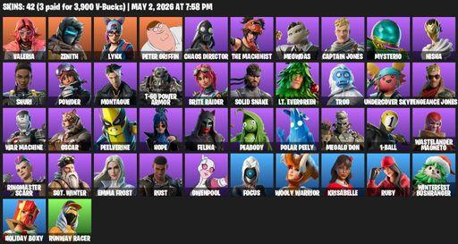 [PC/XBOX] | 42 skins | 1100 V-bucks | Valeria | Zenith | Lynx | Peter Griffin | Chaos Director | The Machinist | Meowdas | Captain Jones | Mysterio | Full Access