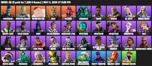 [PC/PSN/XBOX] | 39 skins | 1050 V-bucks | Omegarok | Spectra Knight | Peter Griffin | Zeus | Valeria | Cerberus | Shuri | Oscar | Lil Split | Full Access