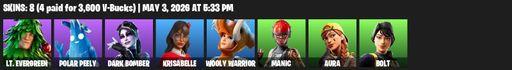 [PC/PSN/XBOX] | 8 skins | 700 V-bucks | Lt. Evergreen | Polar Peely | Dark Bomber | Krisabelle | Wooly Warrior | Manic | Aura | Bolt | Full Access