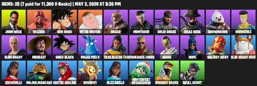 [PC/PSN/XBOX] | 28 skins | John Wick | Valeria | Son Goku | Peter Griffin | Oscar | Montague | Solid Snake | Silas Hesk | Snowmando | Invincible | Full Access