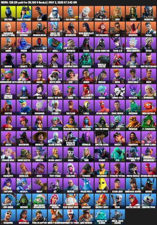 [PC/PSN/XBOX] | 138 skins | Renegade Raider | Sultura | Cloud Striker | Fade | Frostbite | The Origin | Snap | Eternal Knight | Zeus | Hades | Full Access