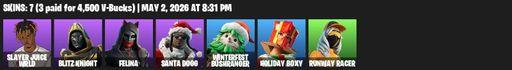 [PC/XBOX] | 7 skins | Slayer Juice WRLD | Blitz Knight | Felina | Santa Dogg | Winterfest Bushranger | Holiday Boxy | Runway Racer | Hadean Key | Full Access