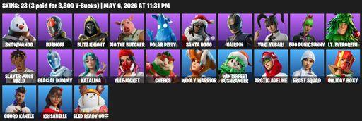 [PC/XBOX] | 23 skins | Snowmando | Burnoff | Blitz Knight | Pig the Butcher | Polar Peely | Santa Dogg | Hairpin | Yuki Yubari | Bug Punk Sunny | Full Access