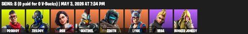 [PC/XBOX] | 8 skins | Prodigy | Trilogy | Rox | Sentinel | Zenith | Lynx | Vega | Bunker Jonesy | Scratchmark | Scorcher | Bunker Basher | Full Access