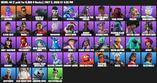 [PC/PSN] | 44 skins | Kymera | Joey | Godzilla Evolved | Daigo | Nyanja | Haruka of the Masks | Slayer Juice WRLD | Dark Doggo | Malibu | Rick Sanchez | Full Access