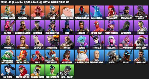 [PC/PSN] | 45 skins | Spectra Knight | Omegarok | Valeria | Ronin | Peter Griffin | The Foundation | Polar Peely | Yulejacket | Solid Snake | Full Access