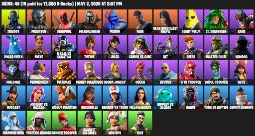 [PC/PSN/XBOX] | 46 skins | Reaper Axe | Trilogy | Predator | Deadpool | Mandalorian | Fusion | Fade | Gear Specialist Maya | Agent Peely | Full Access