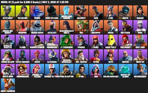 [PC/XBOX] | 51 skins | 800 V-bucks | Take The L | The Reaper | Elite Agent | Fusion | Dark Voyager | Frozen Love Ranger | Calamity | Fade | Lynx | Full Access