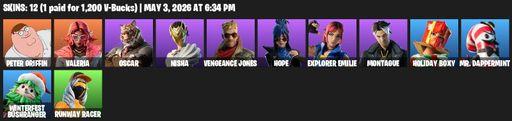 [PC/XBOX] | 12 skins | 650 V-bucks | Peter Griffin | Valeria | Oscar | Nisha | Vengeance Jones | Hope | Explorer Emilie | Montague | Holiday Boxy | Full Access