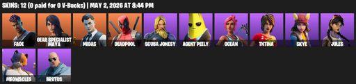 [PC/PSN/XBOX] | 12 skins | Fade | Gear Specialist Maya | Midas | Deadpool | Scuba Jonesy | Agent Peely | Ocean | TNTina | Skye | Jules | Meowscles | Full Access