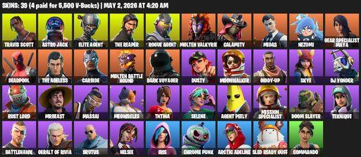 [PC/PSN/XBOX] | 39 skins | 850 V-bucks | Take The L | Travis Scott | The Reaper | Elite Agent | Astro Jack | Rogue Agent | Molten Valkyrie | Calamity | Full Access