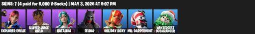 [PC/PSN/XBOX] | 7 skins | Explorer Emilie | Slayer Juice WRLD | Katalina | Felina | Holiday Boxy | Mr. Dappermint | Winterfest Bushranger | Ember Pick | Full Access