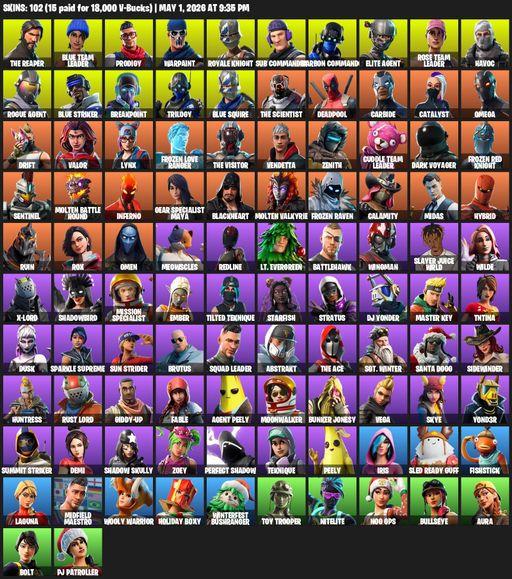 [PC/XBOX] | 102 skins | 1300 V-bucks | Take The L | Floss | OG STW | Royale Knight | The Reaper | Elite Agent | Blue Squire | Omega | Blue Team Leader | Full Access