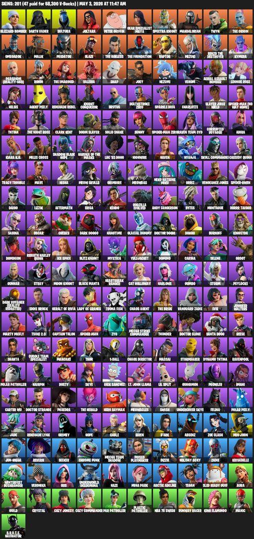 [PC] | 201 skins | Reaper Axe | Blizzard Bomber | Darth Vader | Sultura | Joltara | Peter Griffin | Gear Specialist Maya | Spectra Knight | Full Access