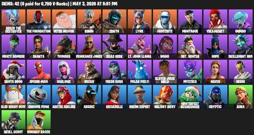[PC/PSN/XBOX] | 42 skins | Renzo the Destroyer | The Foundation | Peter Griffin | Ronin | Zenith | Lynx | Frostbite | Montague | Yulejacket | Gumbo | Full Access