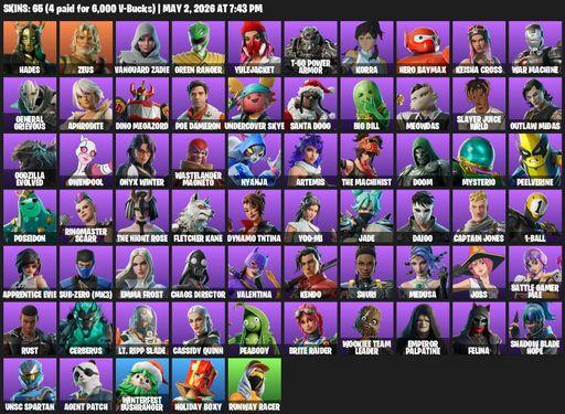 [PC/PSN] | 65 skins | 2900 V-bucks | Hades | Zeus | Vanguard Zadie | Green Ranger | Yulejacket | T-60 Power Armor | Korra | Hero Baymax | Keisha Cross | Full Access