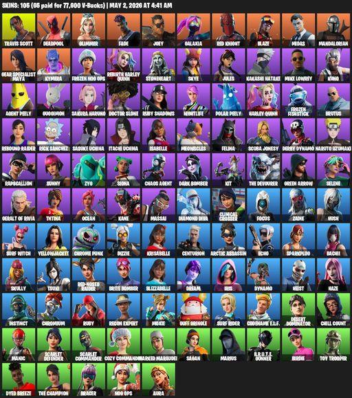 [PC/PSN/XBOX] | 105 skins | Travis Scott | Deadpool | Glimmer | Fade | Joey | Galaxia | Red Knight | Blaze | Midas | Mandalorian | Full Access