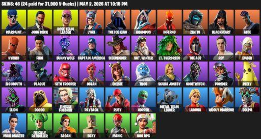 [PC/PSN/XBOX] | 46 skins | 650 V-bucks | OG STW | Warpaint | John Wick | Rose Team Leader | Lynx | The Ice King | Krampus | Inferno | Zenith | Full Access