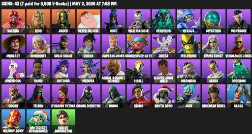 [PC/PSN/XBOX] | 43 skins | Valeria | Zeus | Hades | Peter Griffin | Hope | War Machine | Cerberus | Nyanja | Mysterio | Montague | MrBeast | Aphrodite | Full Access