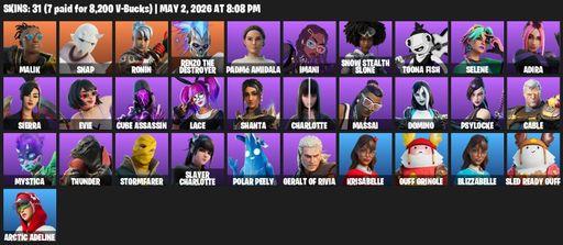 [PC/PSN/XBOX] | 31 skins | 700 V-bucks | Malik | Snap | Ronin | Renzo the Destroyer | Padmé Amidala | Imani | Snow Stealth Slone | Toona Fish | Selene | Full Access