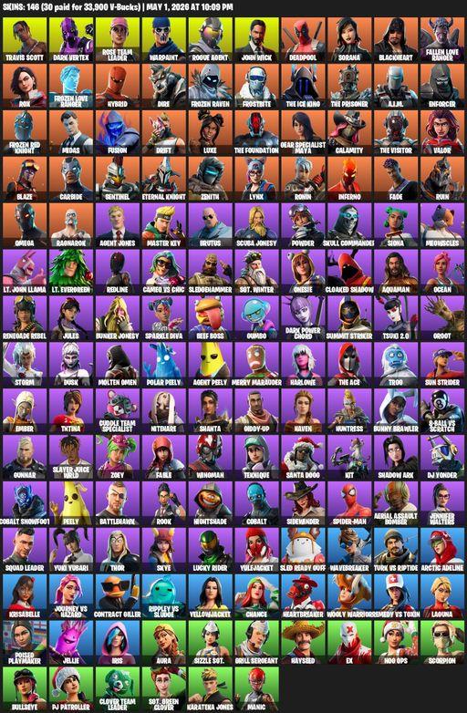 [PC] | 146 skins | OG STW | Travis Scott | Omega | Dark Vertex | Rose Team Leader | Warpaint | Rogue Agent | John Wick | Deadpool | Sorana | Full Access