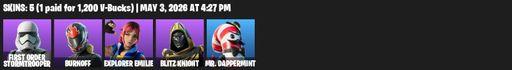[PC/PSN/XBOX] | 5 skins | First Order Stormtrooper | Burnoff | Explorer Emilie | Blitz Knight | Mr. Dappermint | Sonic Splash | The Rebel | Full Access