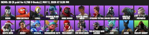 [PC/PSN/XBOX] | 20 skins | 1250 V-bucks | Daigo | Hero Baymax | 1-Ball | Shadow Blade Hope | Dark Doggo | Slayer Juice WRLD | Dynamo TNTina | Full Access