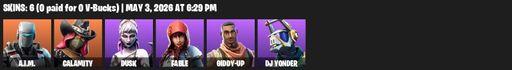 [PC/PSN/XBOX] | 6 skins | 550 V-bucks | A.I.M. | Calamity | Dusk | Fable | Giddy-up | DJ Yonder | Reckoning | Smash Up | Guiding Glow | Full Access