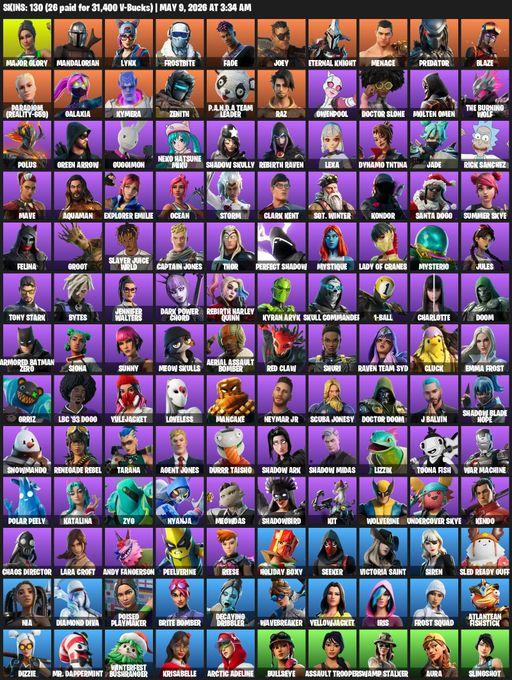 [PC/PSN/XBOX] | 130 skins | 900 V-bucks | Leviathan Axe | Lara Croft | Major Glory | Mandalorian | Lynx | Frostbite | Fade | Joey | Eternal Knight | Full Access