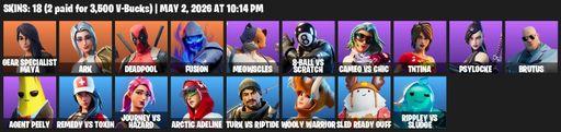 [PC/PSN] | 18 skins | 900 V-bucks | Gear Specialist Maya | Ark | Deadpool | Fusion | Meowscles | 8-Ball vs Scratch | Cameo vs Chic | TNTina | Psylocke | Full Access