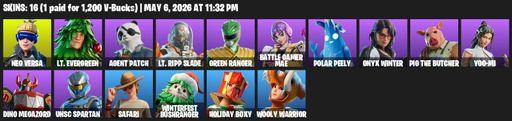 [PC/XBOX] | 16 skins | 600 V-bucks | Neo Versa | Lt. Evergreen | Agent Patch | Lt. Ripp Slade | Green Ranger | Battle Gamer Mae | Polar Peely | Full Access