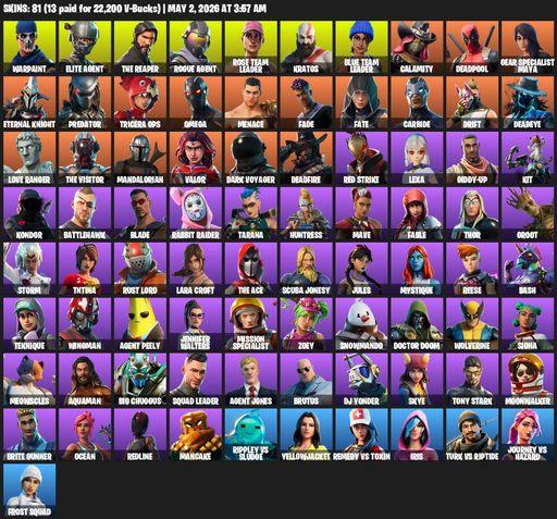 [PC/XBOX] | 81 skins | Leviathan Axe | Take The L | OG STW | The Reaper | Elite Agent | Omega | Lara Croft | Warpaint | Rogue Agent | Rose Team Leader | Full Access