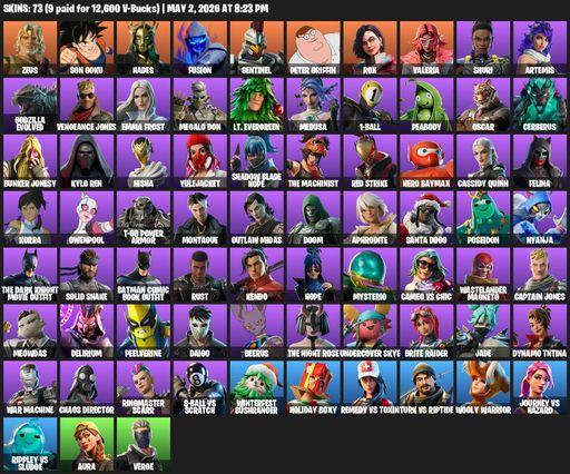 [PC/XBOX] | 73 skins | Zeus | Son Goku | Hades | Fusion | Sentinel | Peter Griffin | Rox | Valeria | Shuri | Artemis | Godzilla Evolved | Full Access