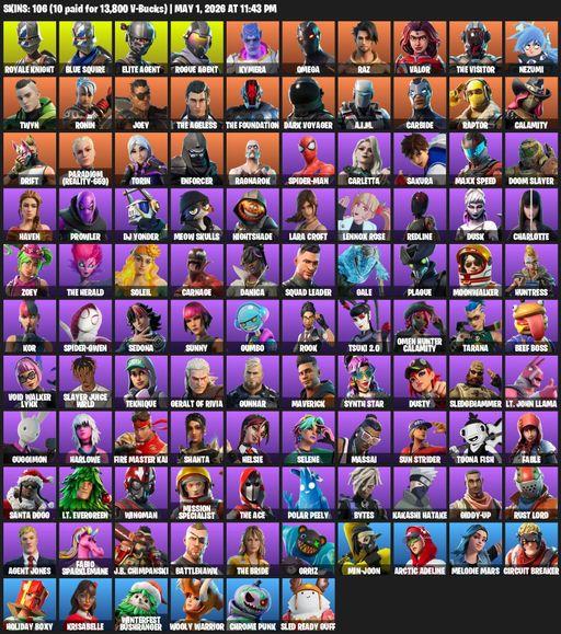 [PC] | 106 skins | Take The L | Royale Knight | Elite Agent | Blue Squire | Omega | Lara Croft | Rogue Agent | Kymera | Raz | Valor | The Visitor | Full Access