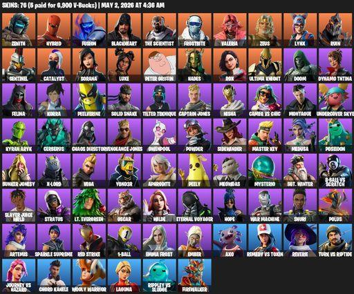 [PC/PSN/XBOX] | 76 skins | Zenith | Hybrid | Fusion | Blackheart | The Scientist | Frostbite | Valeria | Zeus | Lynx | Ruin | Sentinel | Catalyst | Full Access