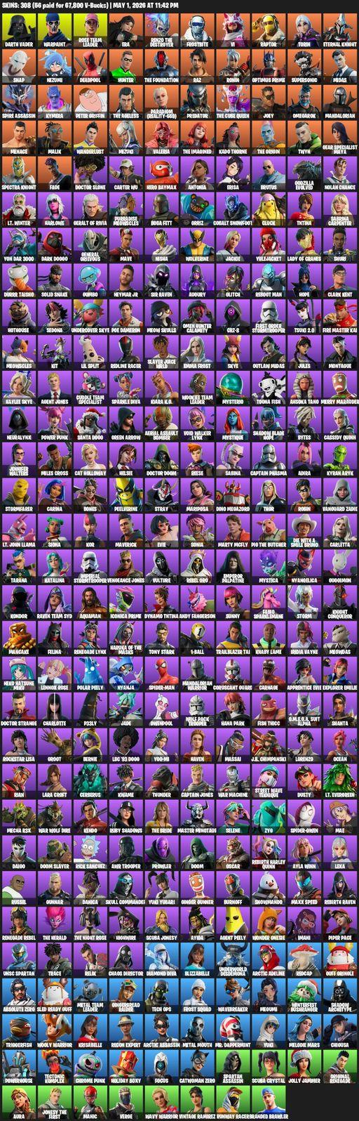 [PC/PSN/XBOX] | 308 skins | 700 V-bucks | OG STW | Lara Croft | Darth Vader | Warpaint | Rose Team Leader | Era | Renzo the Destroyer | Frostbite | Vi | Full Access