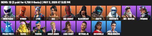 [PC/XBOX] | 18 skins | Lara Croft | Overtaker | Hybrid | Lynx | Raz | Red Knight | Blackheart | Zenith | Frostbite | Sgt. Winter | Powder | Full Access